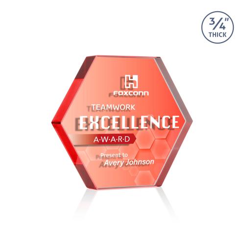 Awards and Trophies - Crystal Awards - Gilford Hexagon Full Color Double Sided  Red Crystal Award