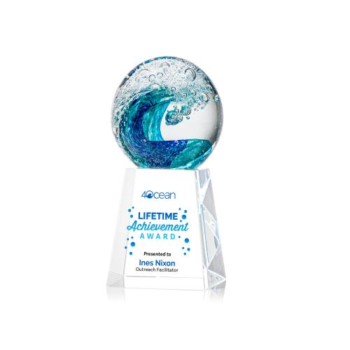 Awards and Trophies - Crystal Awards - Glass Awards - Art Glass Awards - Surfside Full Color Globe on Celestina Base Glass Award