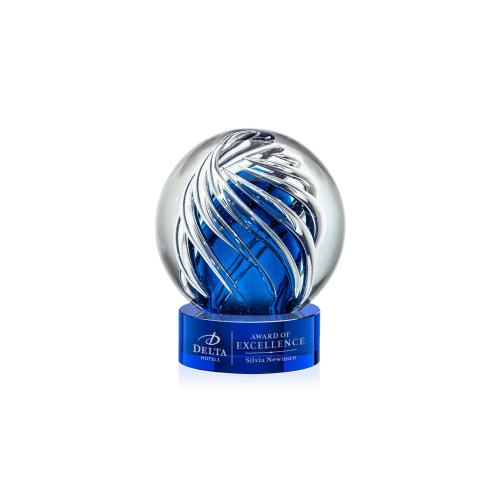 Awards and Trophies - Crystal Awards - Glass Awards - Art Glass Awards - Genista Blue on Stanrich Base Globe Glass Award