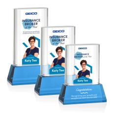 Merit Full Color Sky Blue on Base Rectangle Crystal Award - Awards and Trophies